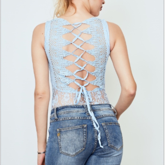 Sensemill Tops - SENSEMILL Blue Floral Lace Ribbon Bodysuit NWT